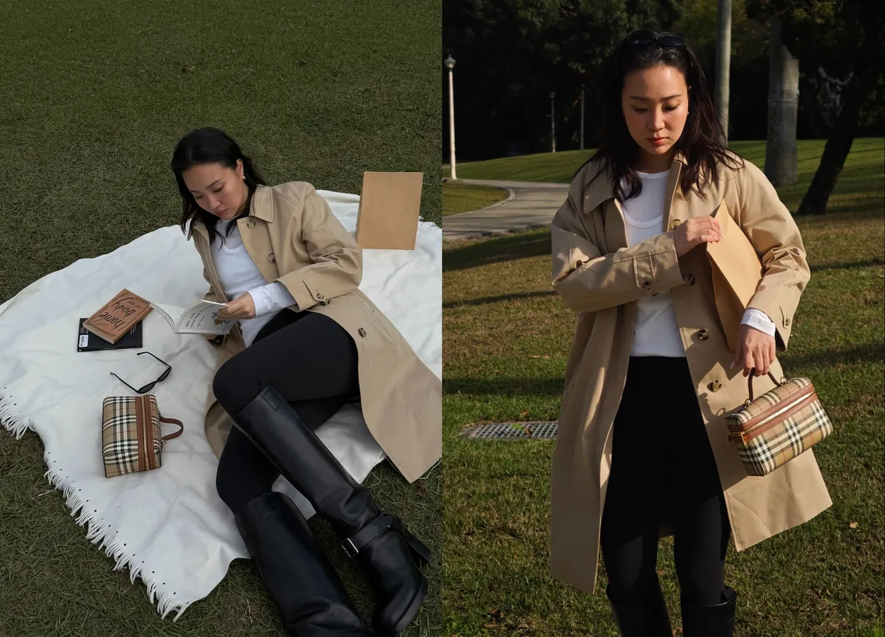 Melinda以蜜金色Camden 輕便大衣配上黑色高跟長靴。品牌提供