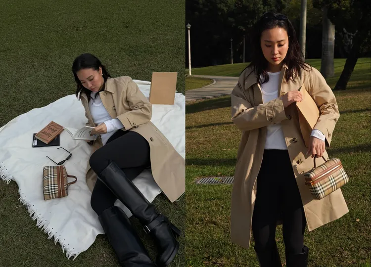 Melinda以蜜金色Camden 輕便大衣配上黑色高跟長靴。品牌提供