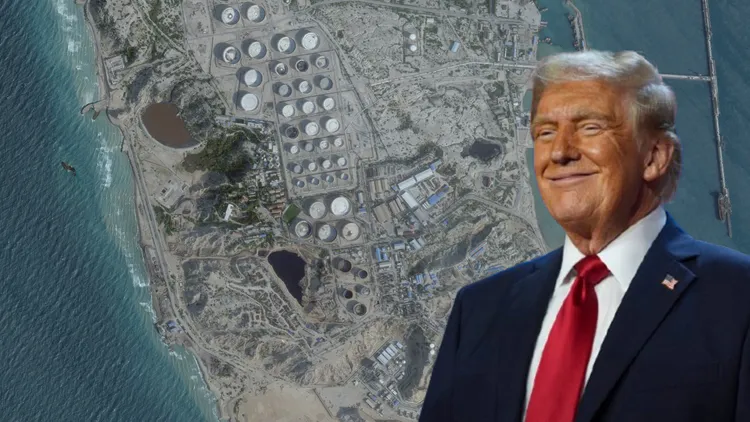 美國總統川普已派遣陸戰隊前往中東，預計奪取伊朗石油樞紐哈格島。合成畫面。背景為伊朗哈格島。路透社