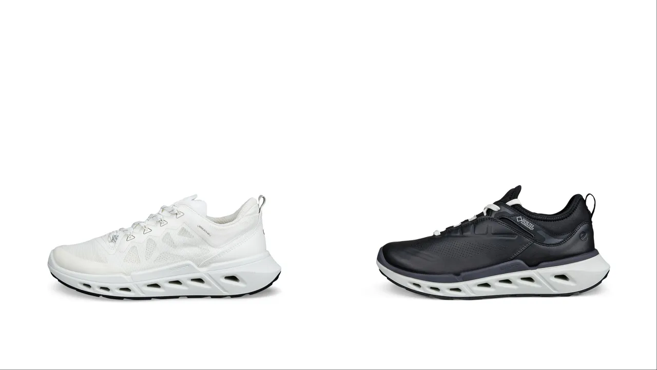 ECCO「BIOM 720」系列BREATHRU網布透氣女鞋（左）6380元、皮革防水女鞋（右）8380元。品牌提供