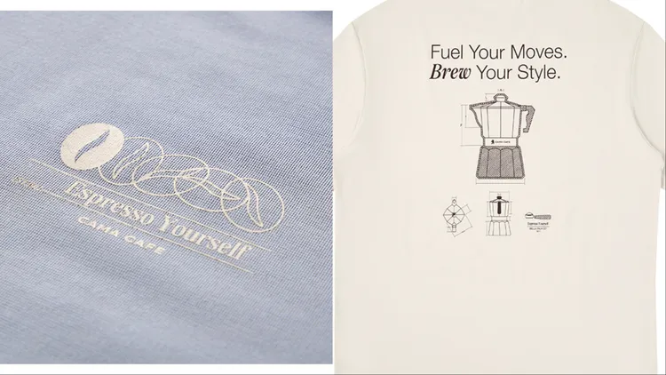 聯名T恤正面點綴咖啡豆圖案，背面則印有咖啡機插畫。品牌提供