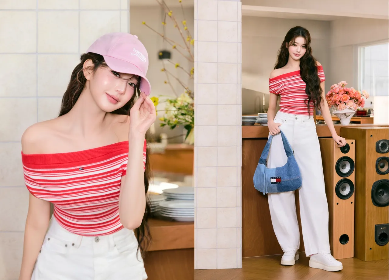 張員瑛以紅色露肩條紋針織上衣，搭配白色丹寧長褲與球鞋。品牌提供