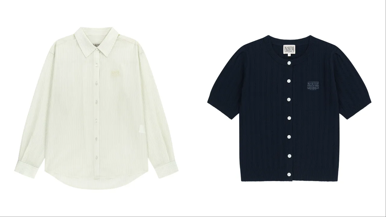 M+FG女款紋理透膚襯衫（左）3590元、麻花編織短袖針織套裝（右）4290元。品牌提供