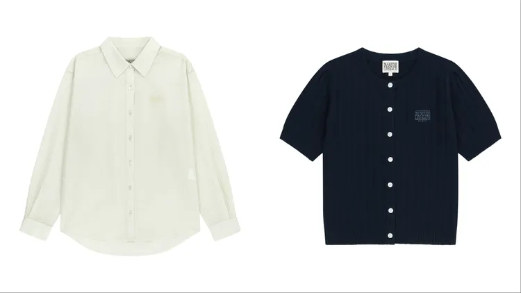 M+FG女款紋理透膚襯衫（左）3590元、麻花編織短袖針織套裝（右）4290元。品牌提供