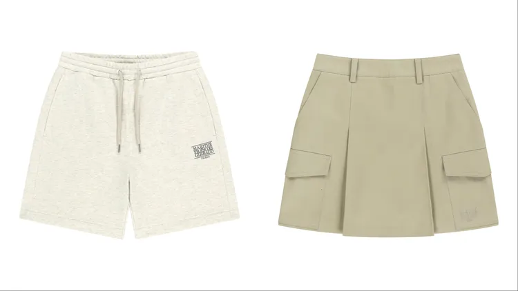 M+FG女款小LOGO棉質短褲（左）2290元、棉質工裝迷你裙（右）3590元。品牌提供