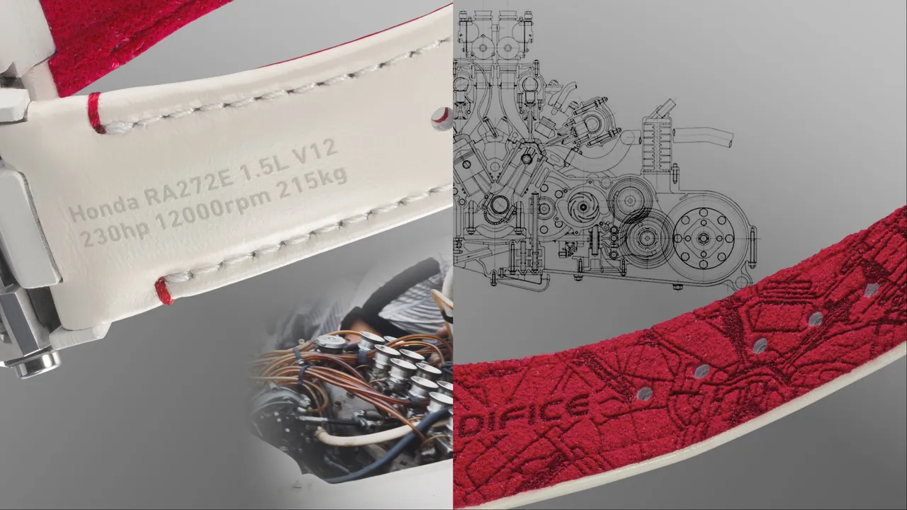 外側錶帶選用白色納帕皮革並印有1.5升V12引擎相關字樣、紅色Ultrasuede內層錶帶飾有引擎的設計藍圖。品牌提供