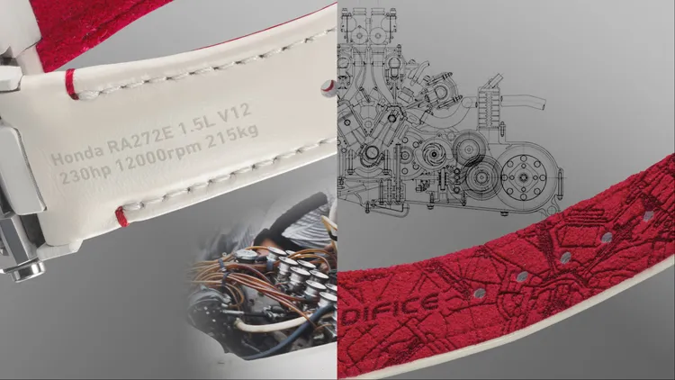 外側錶帶選用白色納帕皮革並印有1.5升V12引擎相關字樣、紅色Ultrasuede內層錶帶飾有引擎的設計藍圖。品牌提供