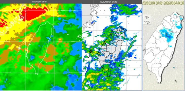 今晨鋒面雲系接續逼近，降水回波強弱不均，各地區已有零星飄雨。氣象應用推廣基金會