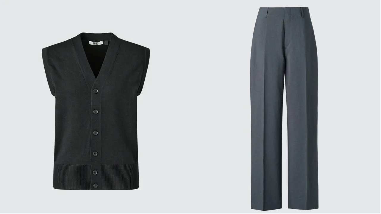 Uniqlo U 2026春夏系列女裝可機洗針織背心（左）790元、女裝高腰直筒長褲（右）1490元。品牌提供