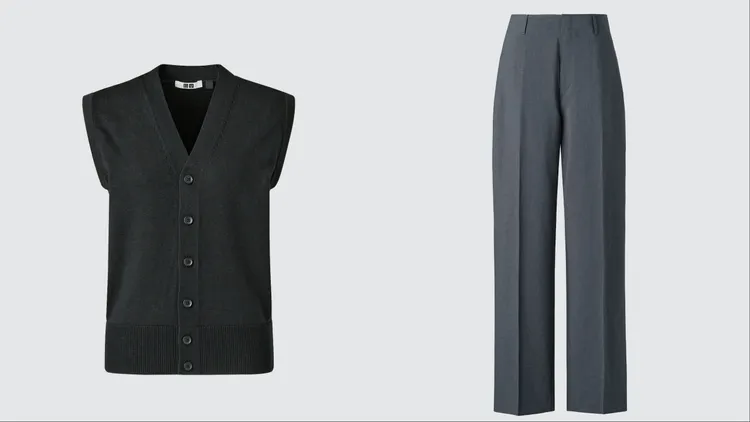 Uniqlo U 2026春夏系列女裝可機洗針織背心（左）790元、女裝高腰直筒長褲（右）1490元。品牌提供