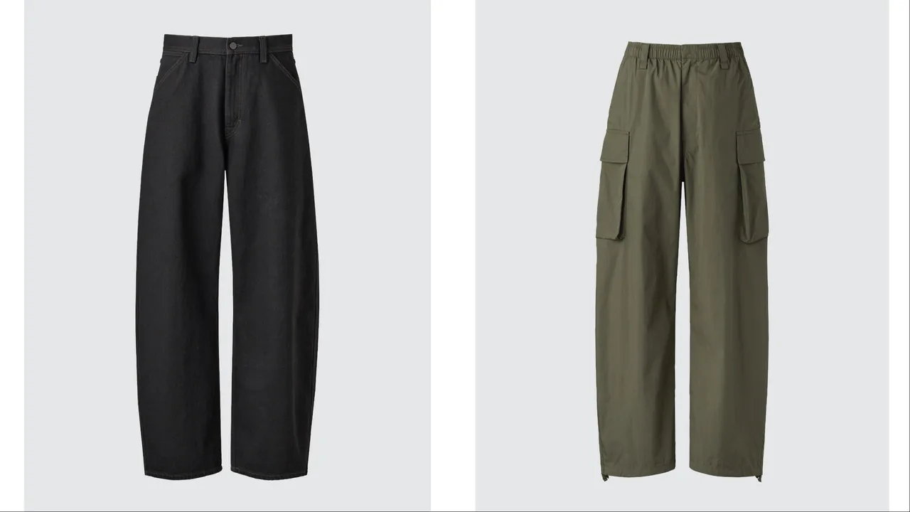 Uniqlo U 2026春夏系列男裝寬版錐形牛仔褲（左）、寬版工裝長褲（右），各1290元。品牌提供