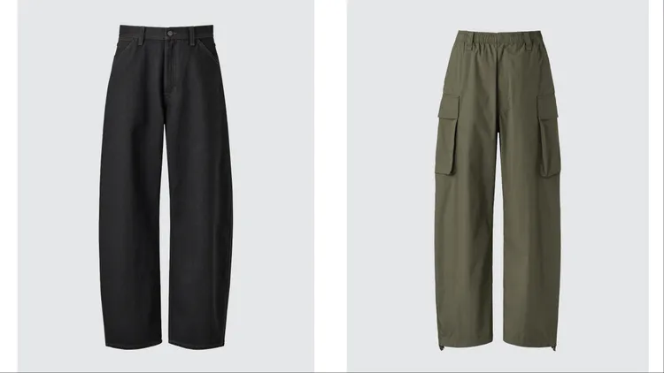 Uniqlo U 2026春夏系列男裝寬版錐形牛仔褲（左）、寬版工裝長褲（右），各1290元。品牌提供