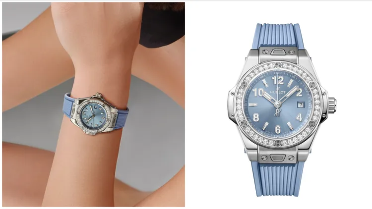 HUBLOT Big Bang Original One Click潮蒼藍精鋼鑽錶，33mm，拋光及緞面處理精鋼錶殼，緞面炭藍色太陽紋錶盤，炭藍色立體橡膠錶帶，HUB1120自動上鍊機芯，動力儲存40小時，防水深度100米，46萬元。品牌提供