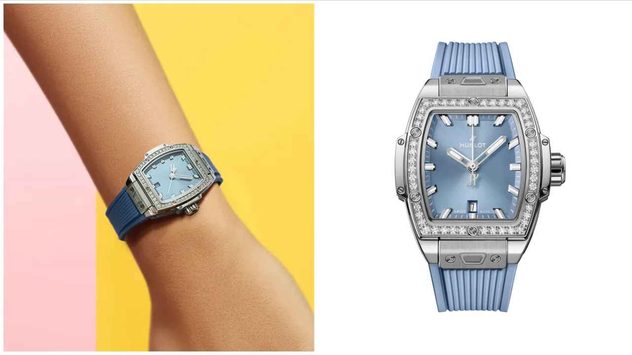 HUBLOT Spirit of Big Bang潮蒼藍精鋼鑽錶，32mm，拋光及緞面處理精鋼錶殼，緞面炭藍色太陽紋錶盤，炭藍色立體橡膠錶帶，HUB1120自動上鍊機芯，動力儲存40小時，防水深度100米，53萬2000元。品牌提供 