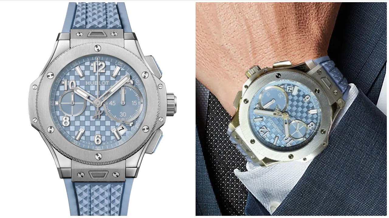 HUBLOT Big Bang Original Unico潮蒼藍鈦金計時碼錶，43mm，拋光及緞面處理鈦金屬錶殼，碳纖維立體浮雕紋理面盤，藍色立體橡膠錶帶，MHUB1280 UNICO自製自動上鍊飛返計時機芯，動力儲存72小時，防水深度100米，60萬3000元。品牌提供 