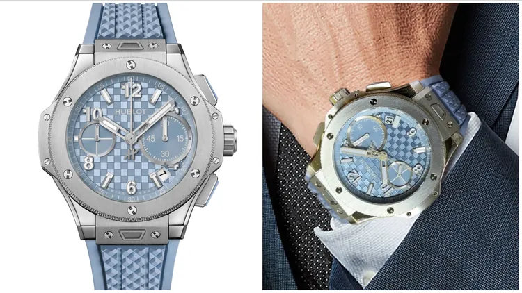 HUBLOT Big Bang Original Unico潮蒼藍鈦金計時碼錶，43mm，拋光及緞面處理鈦金屬錶殼，碳纖維立體浮雕紋理面盤，藍色立體橡膠錶帶，MHUB1280 UNICO自製自動上鍊飛返計時機芯，動力儲存72小時，防水深度100米，60萬3000元。品牌提供 