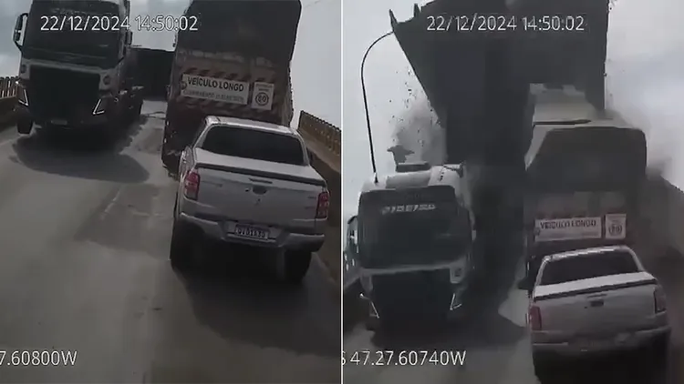 大橋斷裂後橋面高速墜入河中，橋上人車來不及反應。翻攝自X