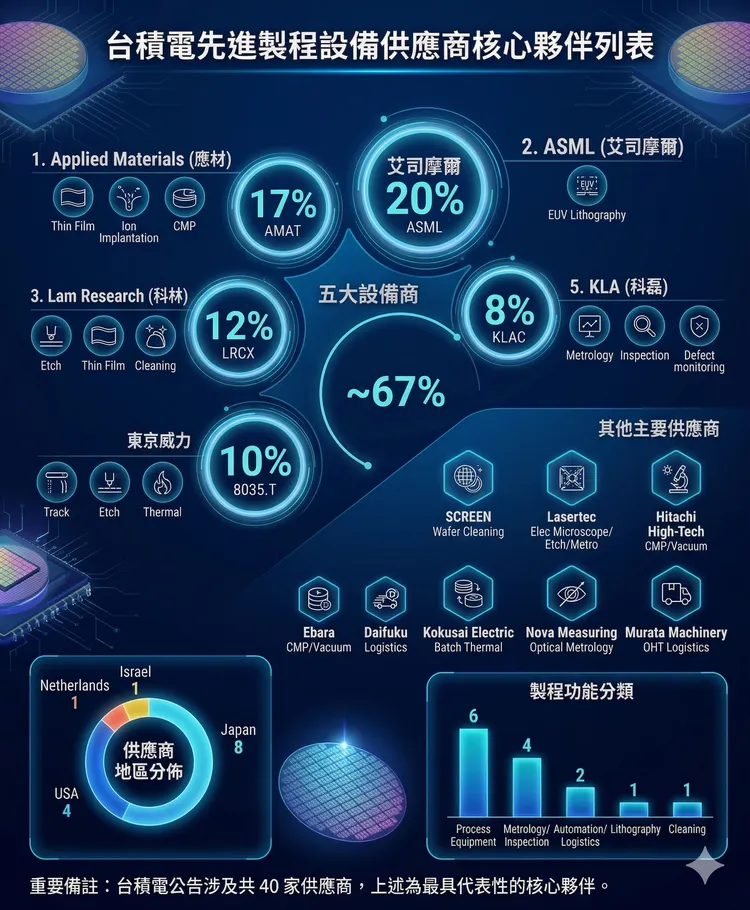 台積電2/10資本預算案，所列出的先進製程產能機器設備供應商。AI製圖