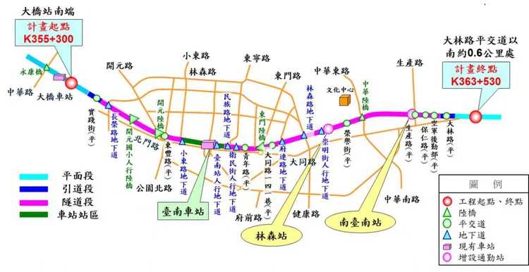 台南鐵路地下化路線圖。鐵道局提供