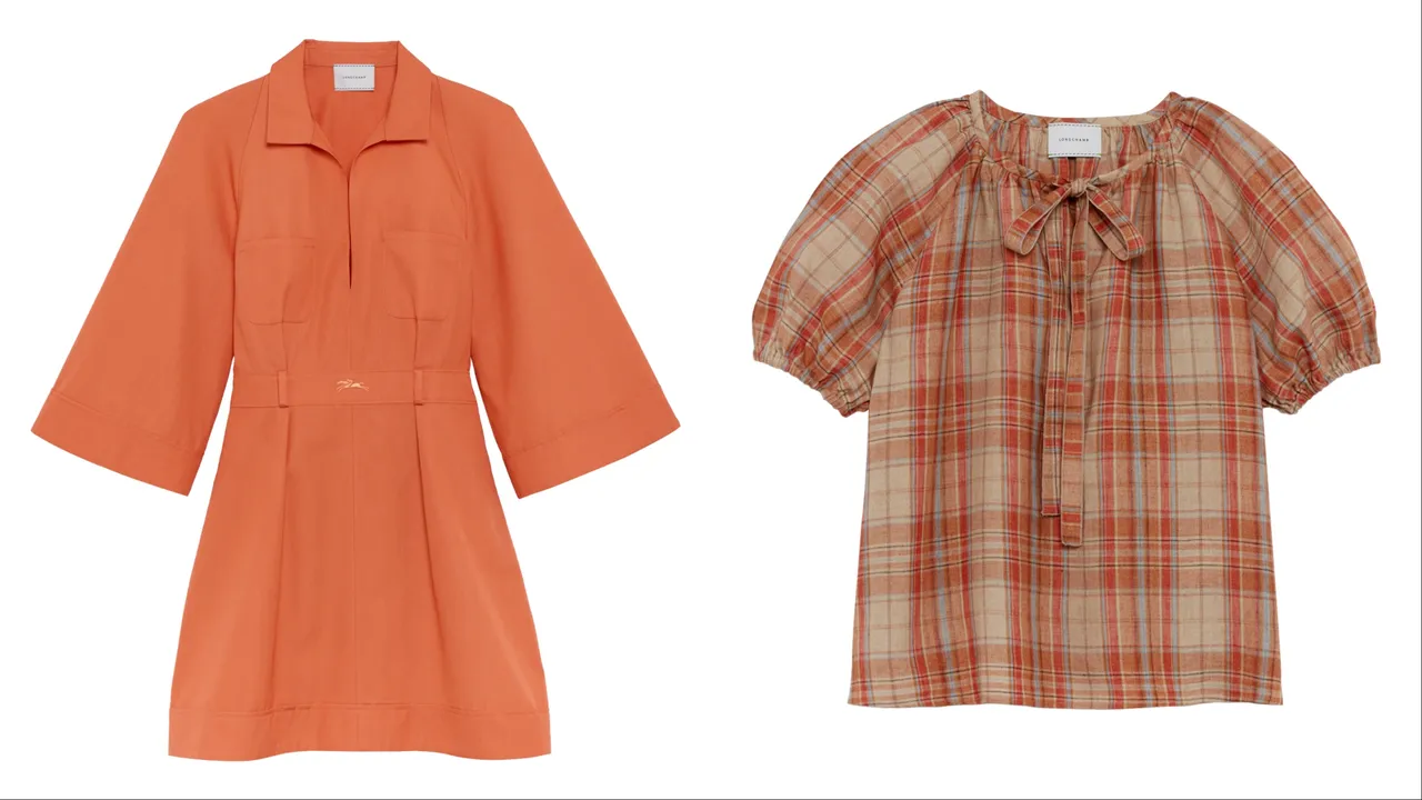 Longchamp夕陽色連身裙（左）、 琥珀色短身上衣（右），各2萬300元。品牌提供