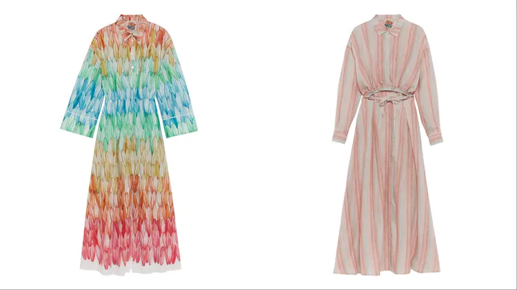 Longchamp彩虹色長連身裙（左）4萬3200元、長連身裙（右）3萬8600元。品牌提供