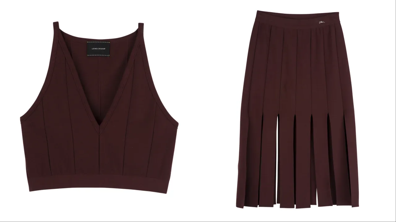 Longchamp勃根地色上衣（左）1萬1300元、勃根地色長裙（右）1萬4500元。品牌提供
