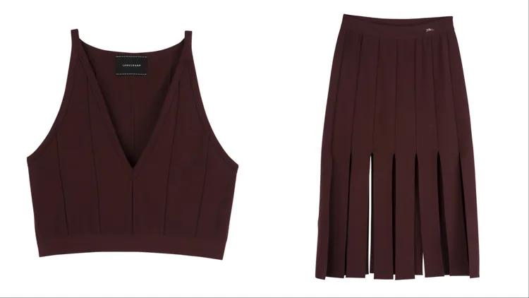 Longchamp勃根地色上衣（左）1萬1300元、勃根地色長裙（右）1萬4500元。品牌提供