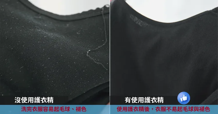棉質衣服較易起毛球，使用後不但減少起毛球的狀況，還有保護衣服不褪色的效果。