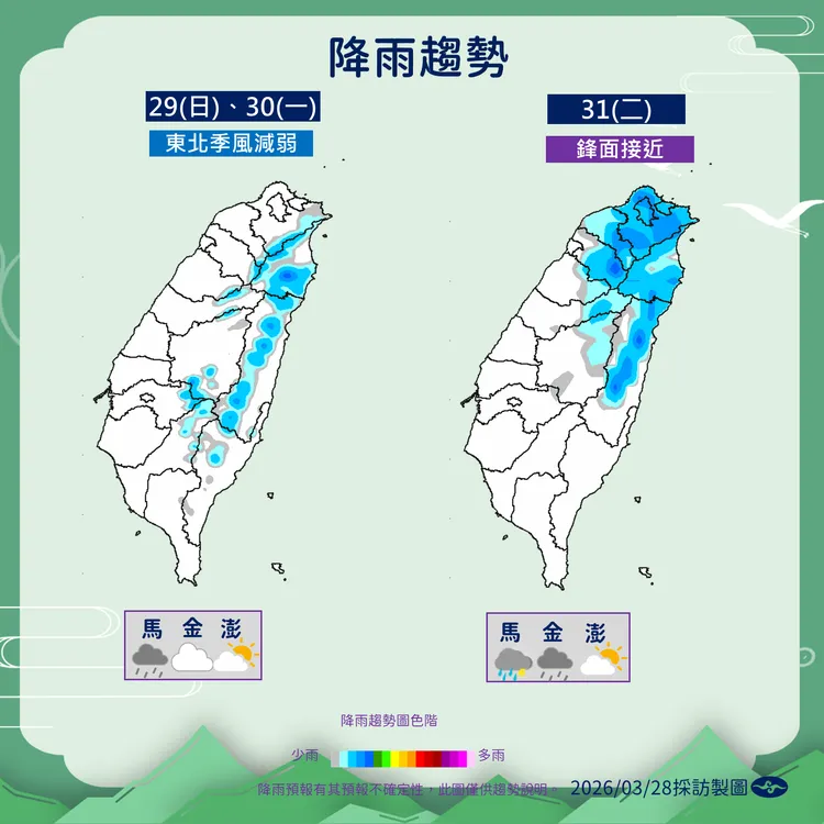 明（28日）起全台降雨趨緩，下週二將有鋒面接近。氣象署提供