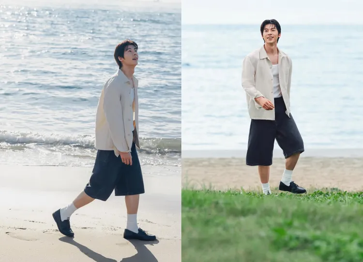 許光漢在蔚藍海岸的場景中，換上寬版Jorts牛子短褲示範男友感穿搭。翻攝uniqlo_taiwan IG