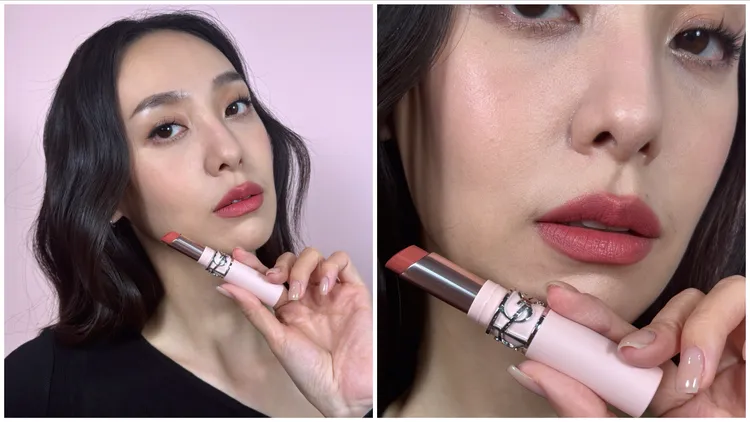 Model示範YSL情挑裸吻煙霧唇膏#04偷心紅。張家玲攝