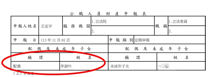 監察院去年(2025年)7月公告的王定宇申報財產資料中，配偶欄仍是李淑吟。圖取自監察院網站監察院網站