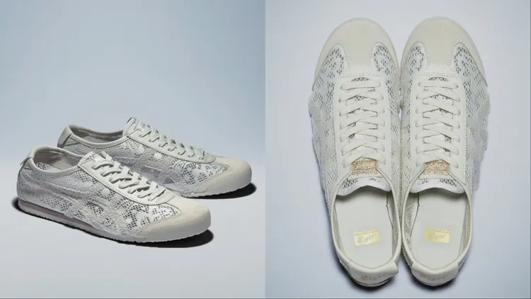 經典MEXICO 66以透明蕾絲緹花鞋面搭配立體毛巾織紋的虎爪圖騰。品牌提供