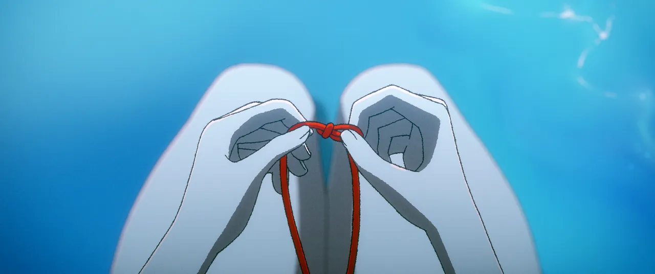 片中紅色繩結象徵亡者生前遺憾，由天女為眾生解心結。甲上娛樂提供