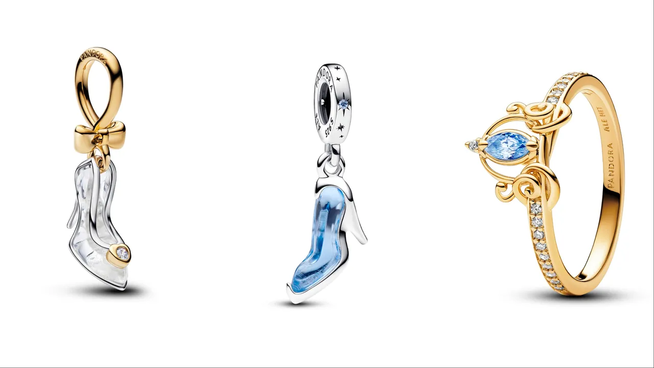 PANDOR迪士尼《仙履奇緣》灰姑娘水晶高跟鞋造型吊飾（左起）6480元、玻璃鞋造型吊飾2880元、南瓜馬車造型戒指3680元。品牌提供