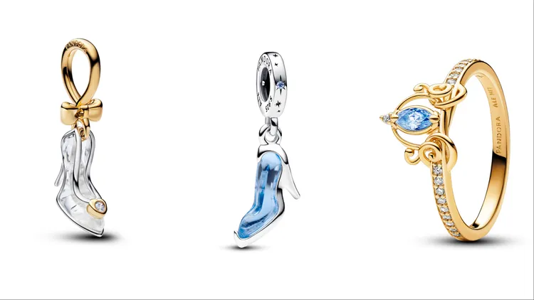 PANDOR迪士尼《仙履奇緣》灰姑娘水晶高跟鞋造型吊飾（左起）6480元、玻璃鞋造型吊飾2880元、南瓜馬車造型戒指3680元。品牌提供