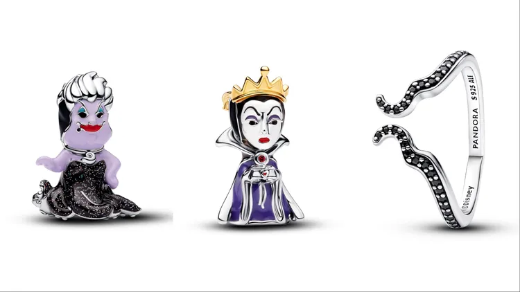 PANDOR迪士尼反派烏蘇拉造型串飾（左起）3080元、壞皇后造型串飾3680元、黑魔女造型戒指2880元。品牌提供