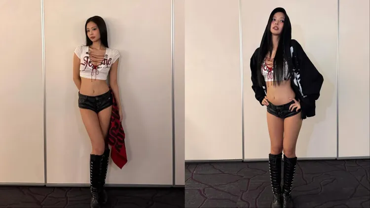 Jennie換上皮革熱褲搭配激短白色上衣。翻攝Jennie IG