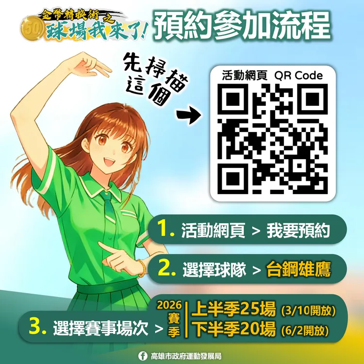 高市府持續推動「學生50元看球優惠方案」，10日正式開放預約。市府提供
