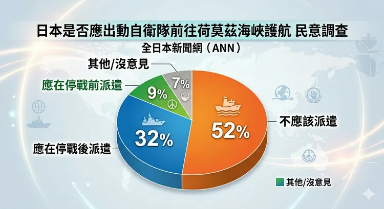 日本民調是否應派遣海上自衛隊到荷莫茲海峽護航。AI生成經編輯審核。
