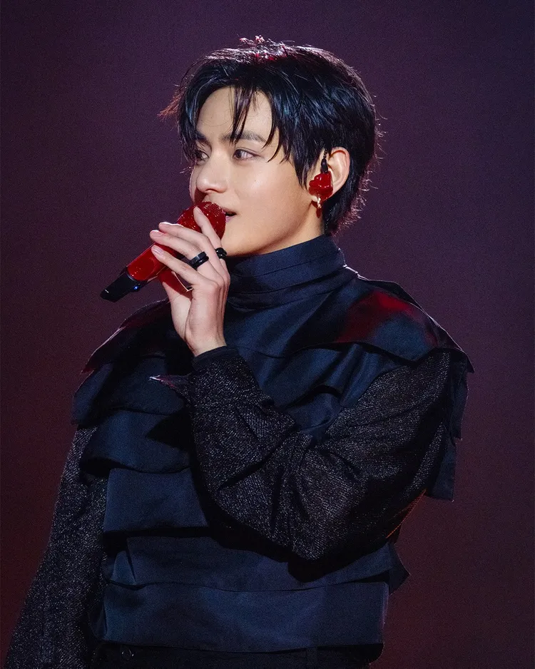 V以高領背心疊搭花呢面料襯衫。翻攝Netflix IG