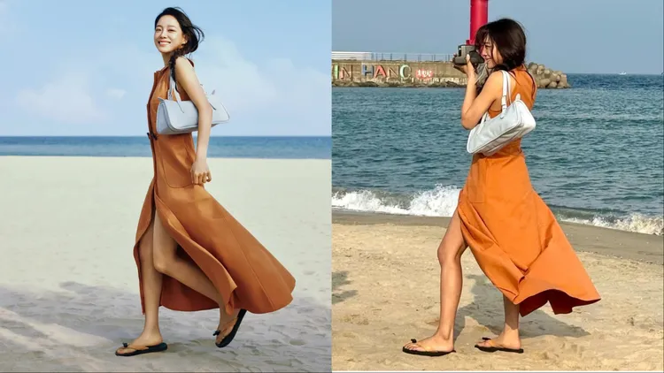 金世正以橘色洋裝配上天藍色Looong包。左圖品牌提供、右圖翻攝金世正IG