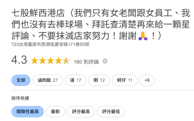 「七股鮮」西港店將Google上的店名改了，長長一串字充滿無奈。