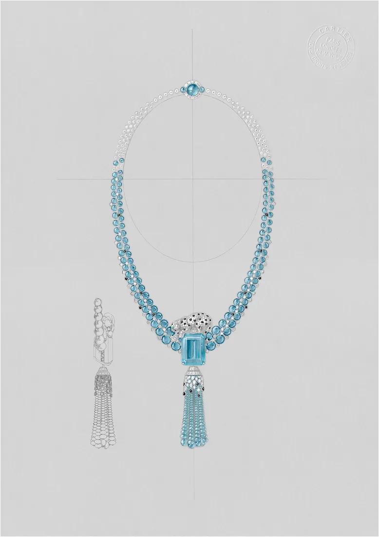 卡地亞EN ÉQUILIBRE 頂級珠寶系列PANTHERE ALGARROBO項鍊，是此次珠寶展的重點作品，由美洲豹守護一顆48.62克拉海藍寶石。品牌提供