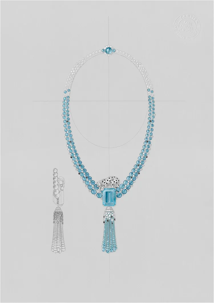 卡地亞EN ÉQUILIBRE 頂級珠寶系列PANTHERE ALGARROBO項鍊，是此次珠寶展的重點作品，由美洲豹守護一顆48.62克拉海藍寶石。品牌提供