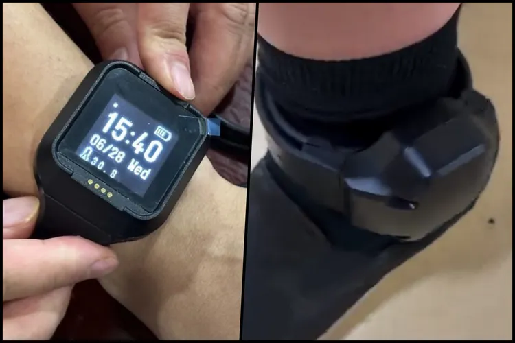 防止逃脫的電子腳還（右）或電子手環（左）。合成照片