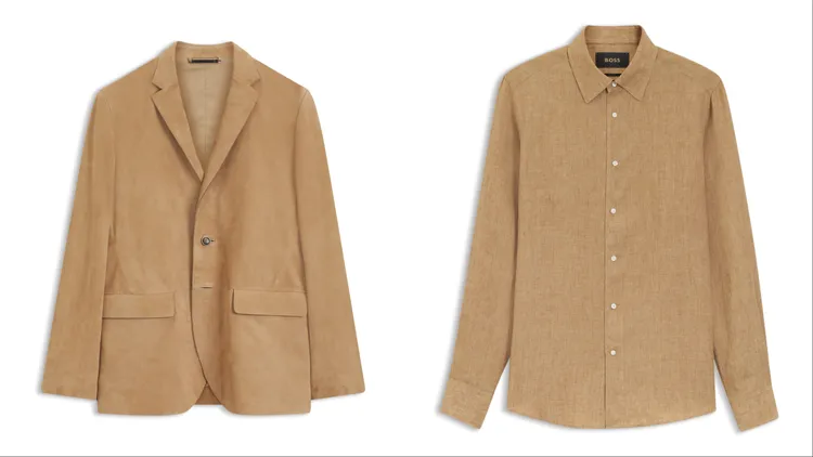 麂皮西裝外套（左）、修身長袖亞麻襯衫（右）都是BOSS本季重點單品。品牌提供