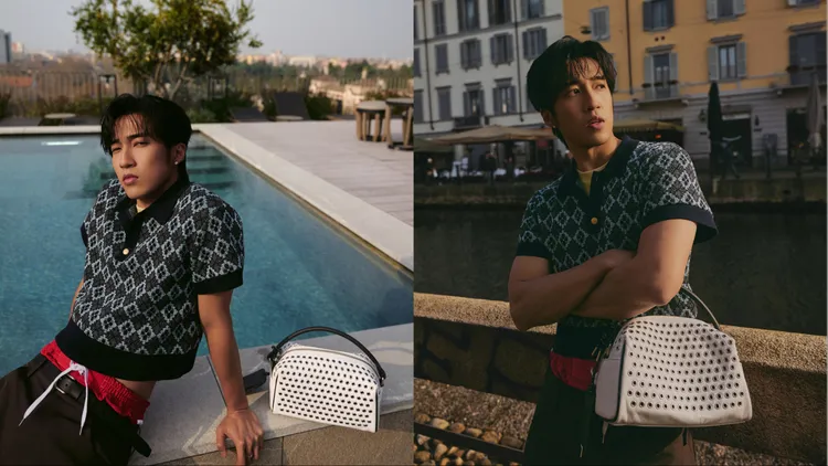 婁峻碩上身以菱格紋提花短版Polo衫內搭花卉水洗Tee，下身則將羊毛斜紋長褲疊加紅色運動短褲。品牌提供