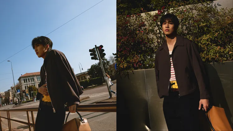 街頭造型改以立領夾克呈現俐落感，並同樣延續長褲疊穿運動短褲的趣味細節。品牌提供