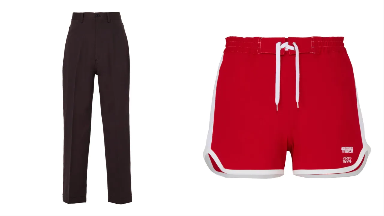鬼塚虎羊毛斜紋長褲（左）1萬300元、紅色運動短褲（右）5780元。品牌提供